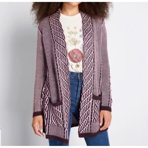 ModCloth Women's Burgundy Geometric Cable Knit Open Front Cardigan‎ Size Large